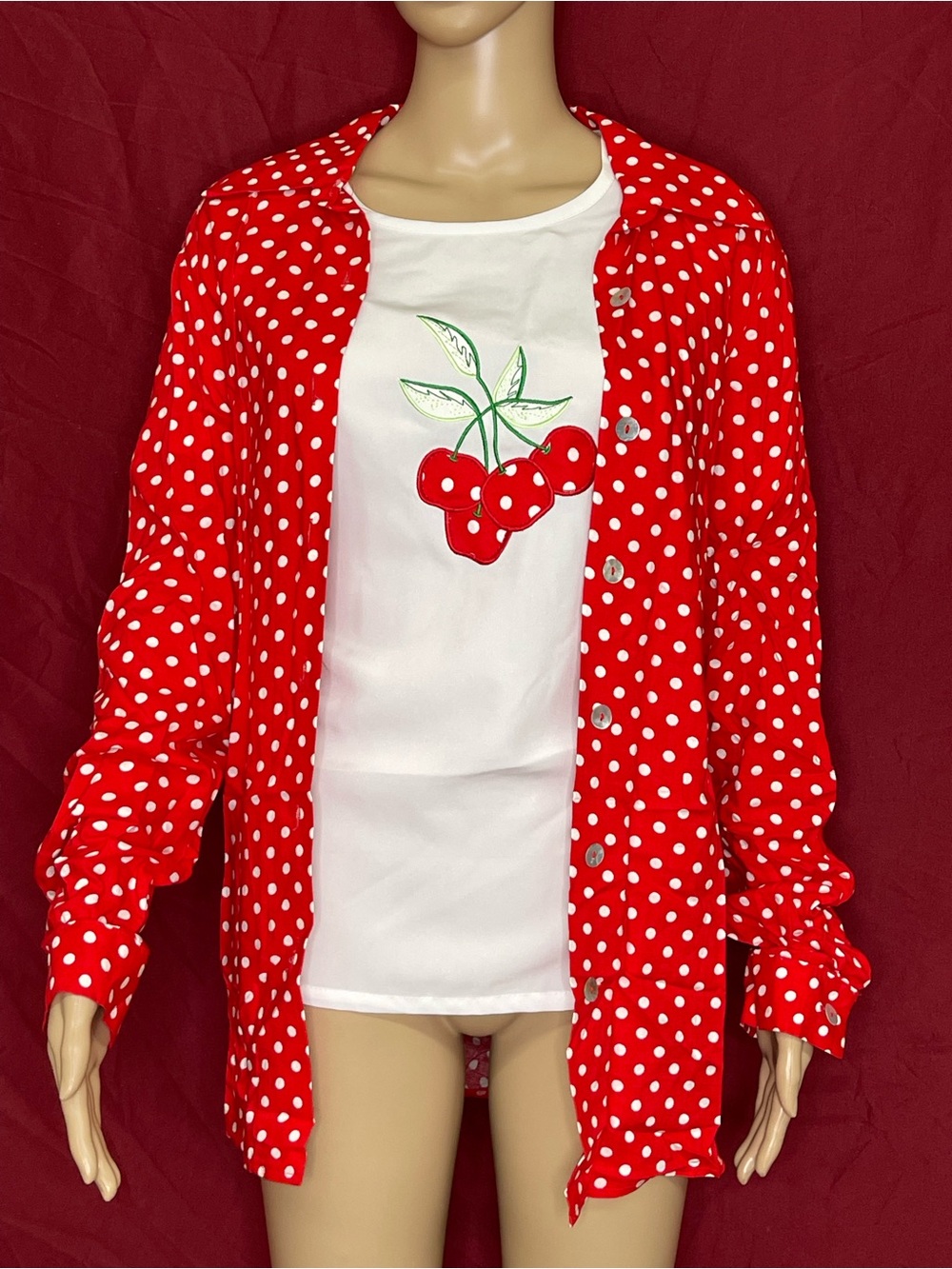 Blair Boutique Retro Two Piece Cherry Top and Polka Dot Blouse Set Medium